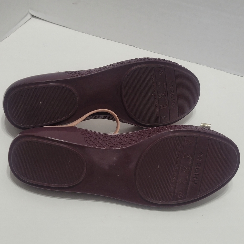 Zaxy Plum Colored Mary Jane Jelly Flats With Gold/light Pink Bows Sz7 - Picture 12 of 12
